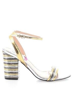 Parker & Sky Metallic Gold and Silver Striped Block Heel Sandal